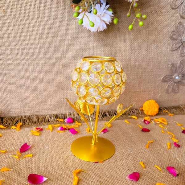 Gold Crystal Flower Glass Tea-Light Holder - Image 2